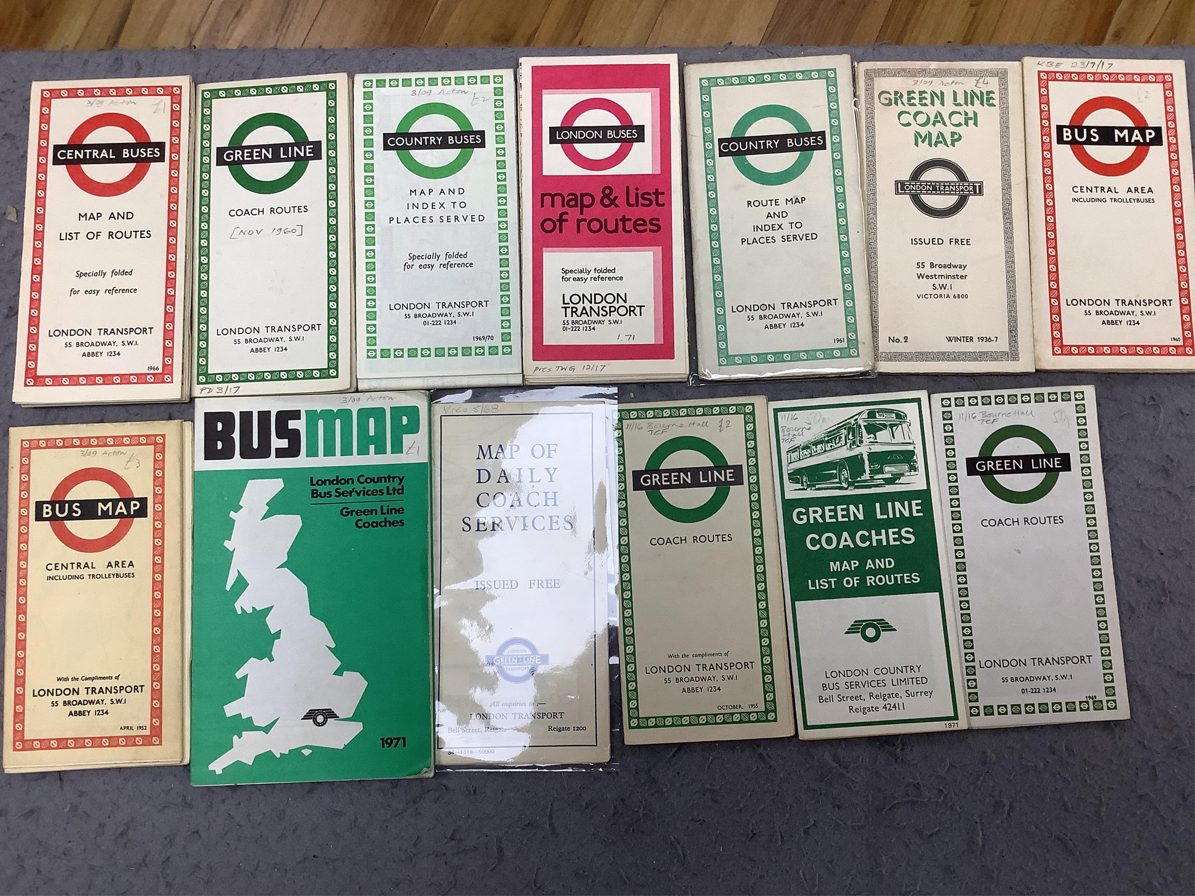 A collection of Railwayana, including a number of London Transport folding pocket maps, a hardback Railway Clearing House Official Railway Map of Durham and District dated 1914 and laid on canvas